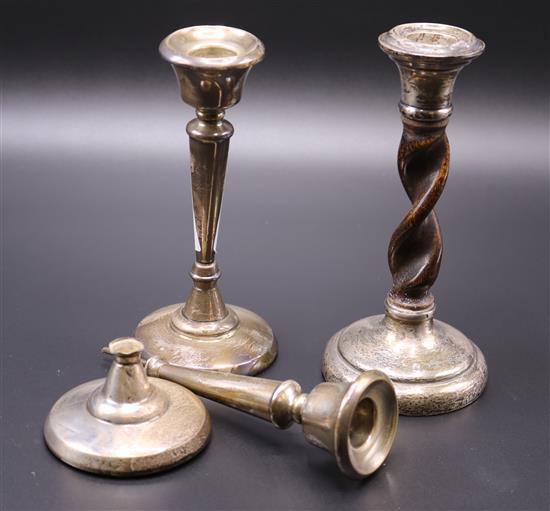 Pair George V silver candlesticks, silver and oak stemmed candlestick (3)